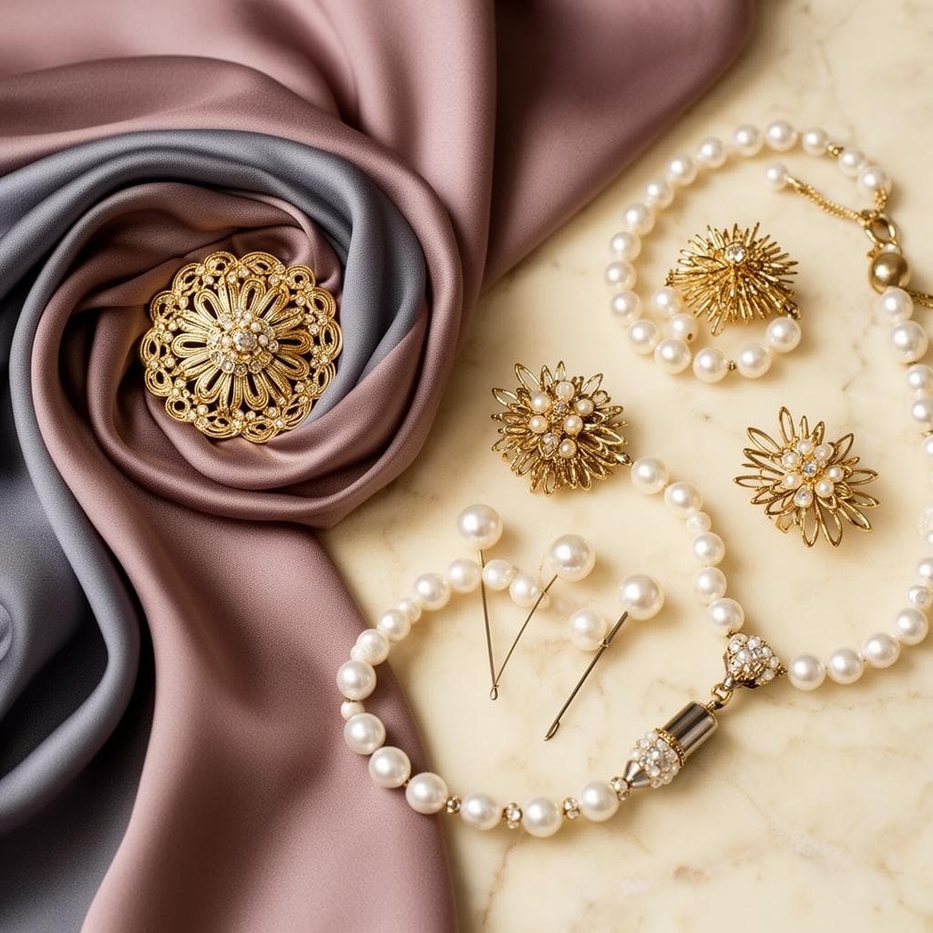 Luxury hijabs, silk scarves, gold brooches and pearl accessories